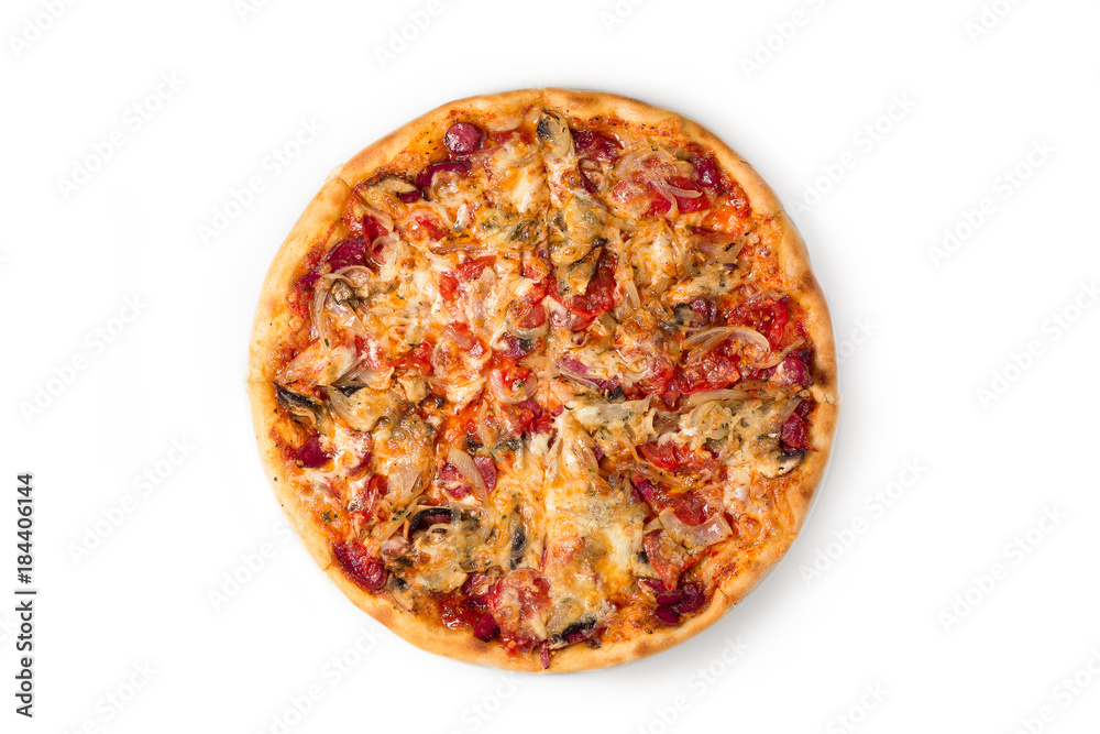 Delicious pizza served on wooden plate isolated on white