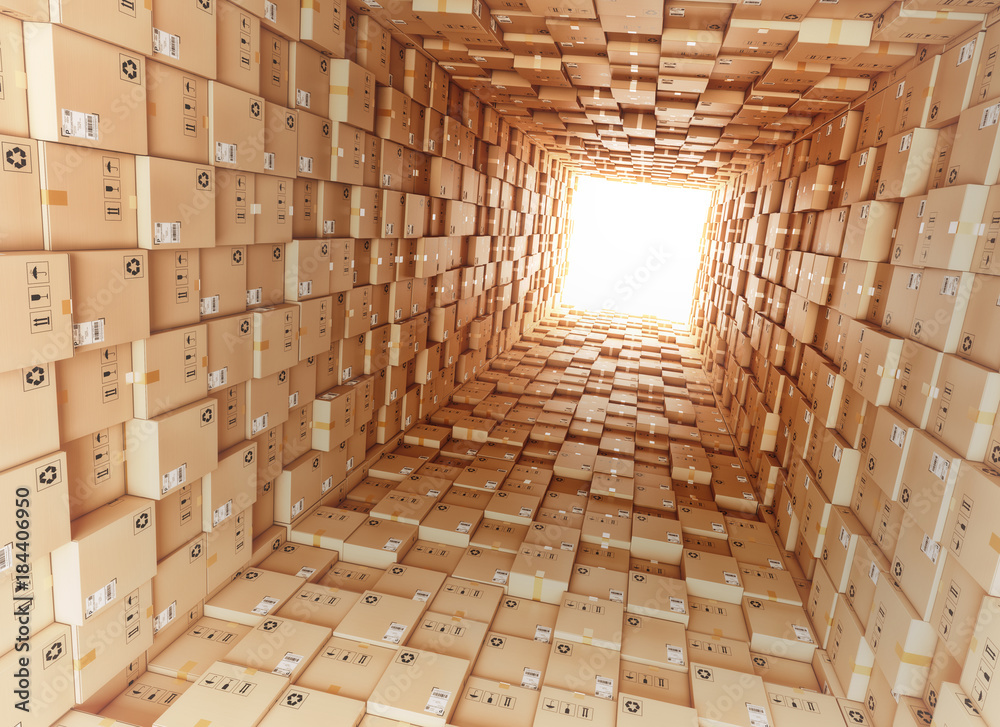 Logistic and distribution warehouse, packages and parcels delivery concept, tunnel from cardboard boxes