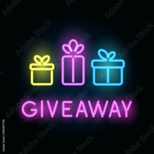 Neon giveaway vector card with gift boxes