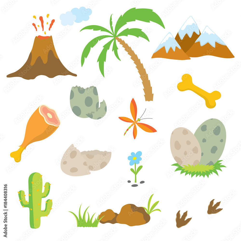 Naklejka premium Dinosaur footprint, Volcano, Palm tree, Stones, Bone and Cactus