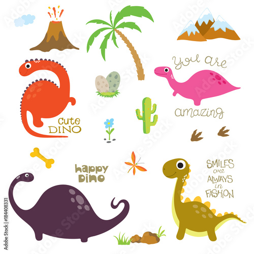 Dinosaur footprint, Volcano, Palm tree, Stones, Bone and Cactus