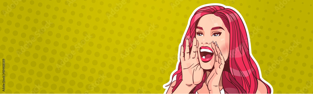 Beautiful Woman Screaming Advertisement Announcement Concept Over Pop Art Poster Background Attractive Female With Long Red Hair Horizontal Banner Vector Illustration