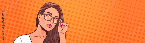Portrait Of Beautiful Woman Wearing Glasses Over Retro Pop Art Background Attractive Female With Long Hair Horizontal Banner With Copy Space Vector Illustration