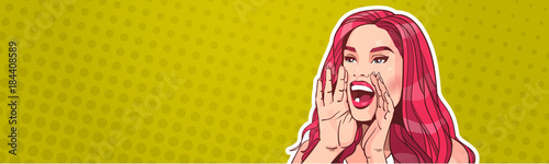 Beautiful Woman Screaming Advertisement Announcement Concept Over Pop Art Poster Background Attractive Female With Long Red Hair Horizontal Banner Vector Illustration