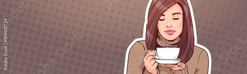 Portrait Of Beautiful Woman Holding Cup With Hot Beverage Over Vintage Pop Art Background Horizontal Banner With Copy Space Vector Illustration