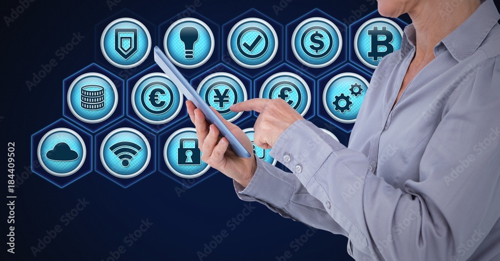 hands holding tablet and business icons hands holding tablet and business icons