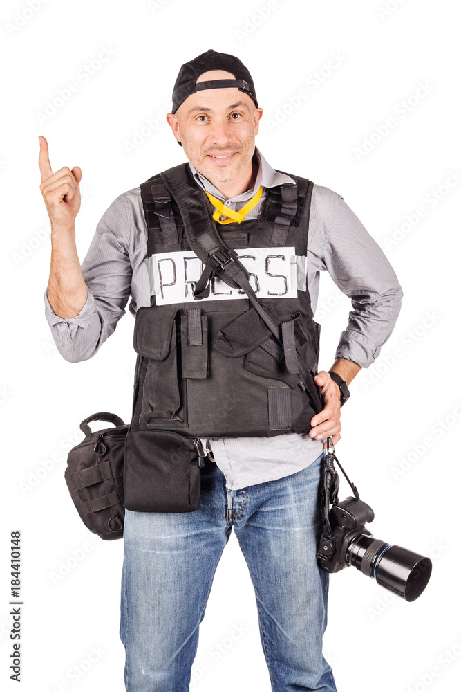 military press photographer with her finger up. Isolated on white background military press photographer with her finger up. Isolated on white background