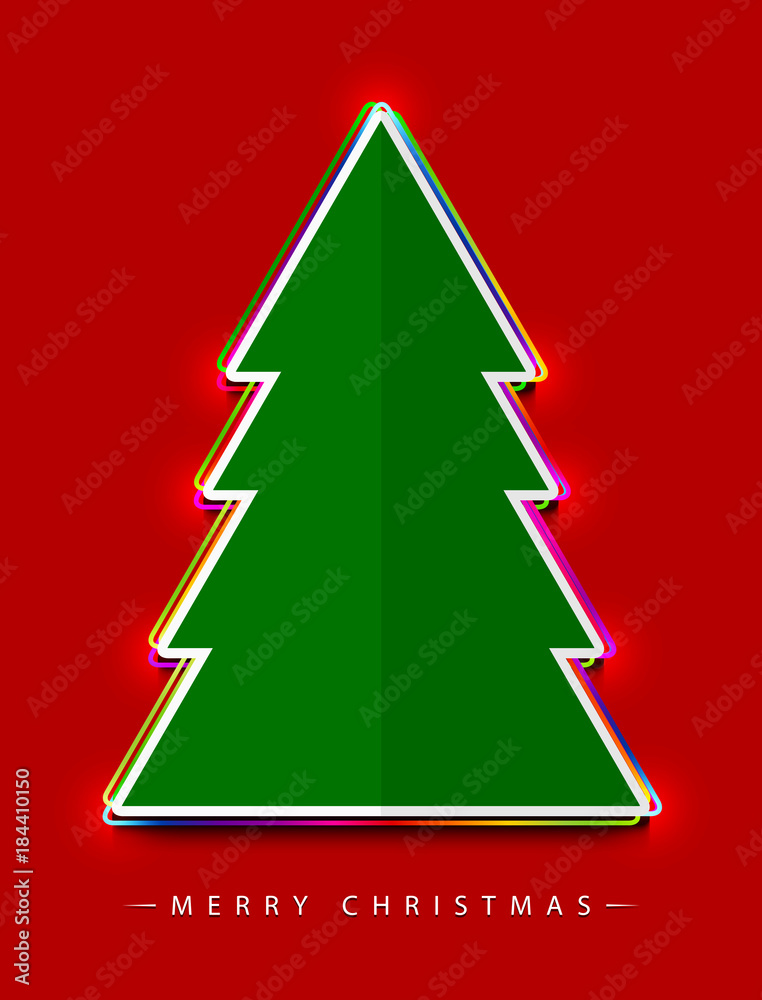 Merry Christmas! Vector abstract creative flat green Christmas tree consisting of colorful multicolor outlines with glowing light effect on red background.