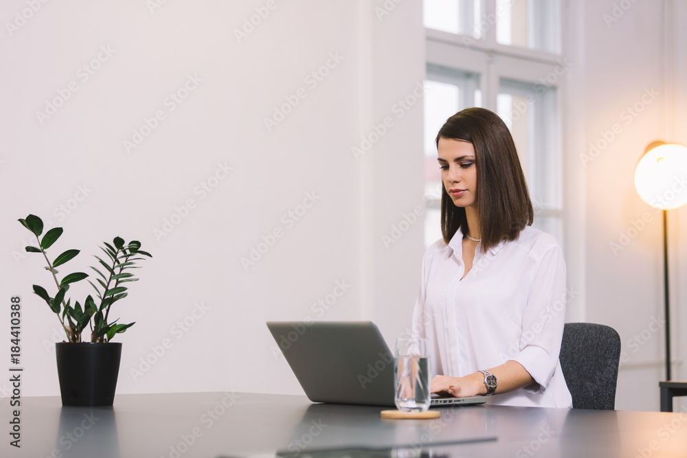 Business woman working on laptop at office. Business woman typing something on computer while sitting at her working place, copy space. Business woman working on laptop at office. Business woman typing something on computer while sitting at her working place, copy space.