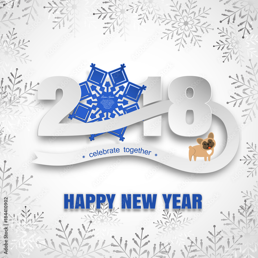 Vector paper art for Happy New Year with numbers, bleu snowflake label and text, dog cut from paper on the gradient gray background with snowfall pattern.