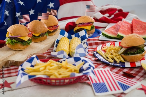 Breakfast and American flag on tablecloth