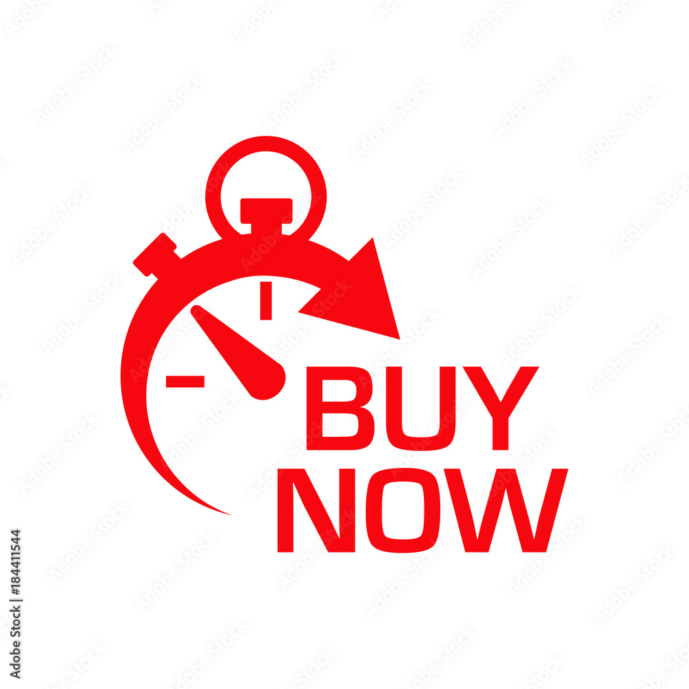 Icono plano cronometro con BUY NOW rojo en fondo blanco