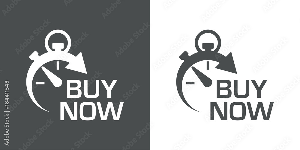 Icono plano cronometro con BUY NOW gris y blanco