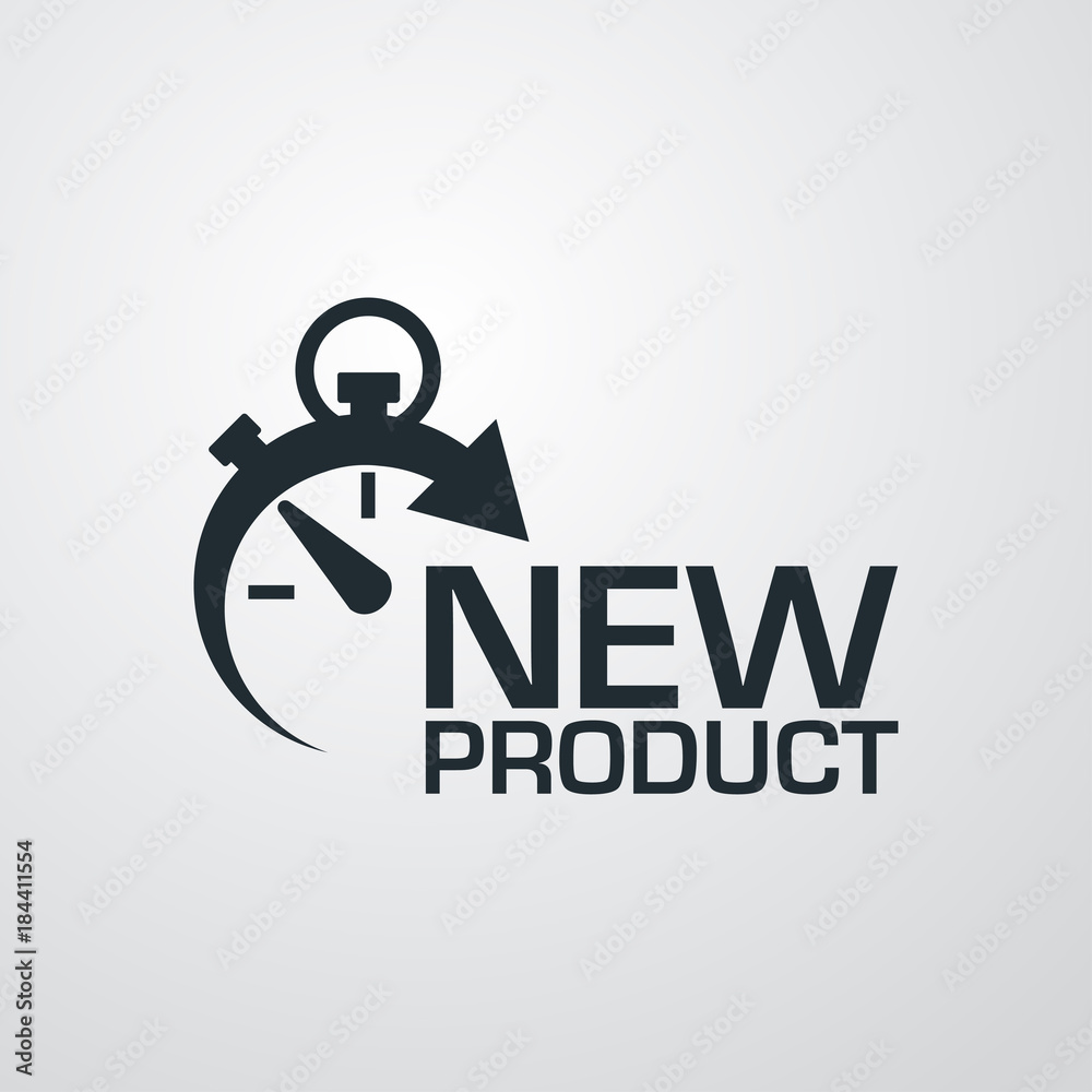 Icono plano cronometro con NEW PRODUCT en fondo degradado