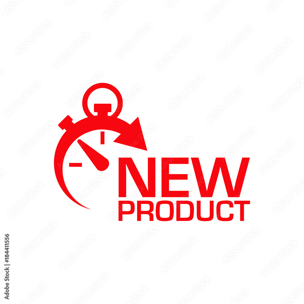 Icono plano cronometro con NEW PRODUCT rojo en fondo blanco