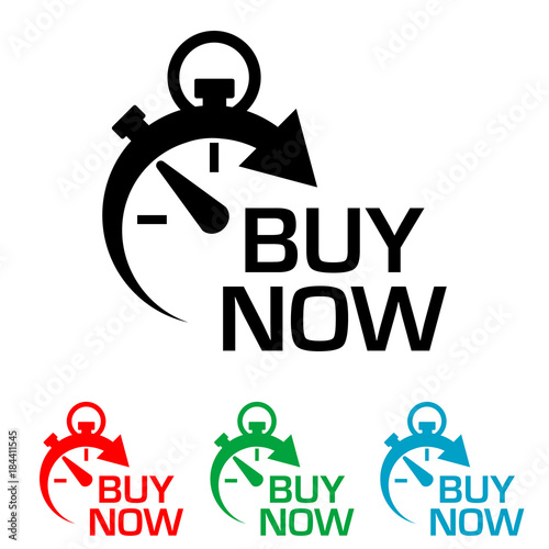 Icono plano cronometro con BUY NOW en varios colores