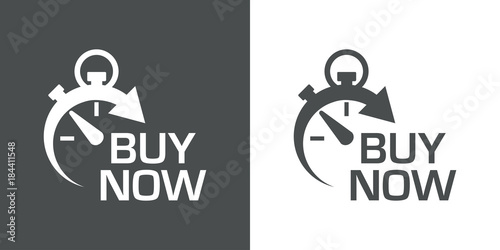 Icono plano cronometro con BUY NOW gris y blanco