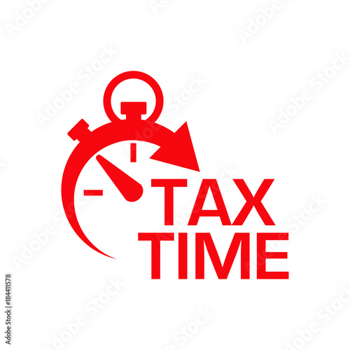 Icono plano cronometro con TAX TIME rojo en fondo blanco photo