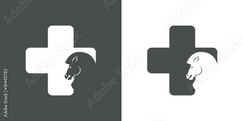 Logotipo veterinario caballo gris y blanco