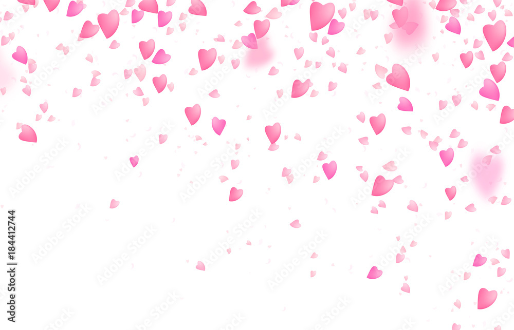 Valentines day border background. Falling from above romantic pink love hearts
