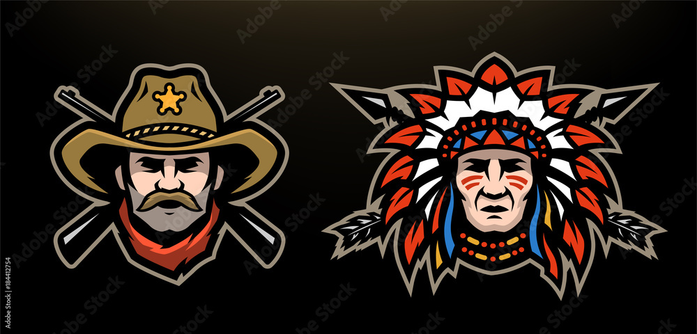 Head of cowboy and Indian on a dark background.