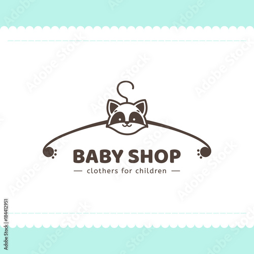 Logo for children's clothing shop. Vector template of the brand for the designer. Element for Studio sewing and tailoring. Vector illustration of a hanger and a raccoon in cartoon style.