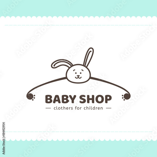 Logo for children's clothing shop. Vector template of the brand for the designer. Element for Studio sewing and tailoring. Vector illustration of a hanger and a bunny in a cartoon style