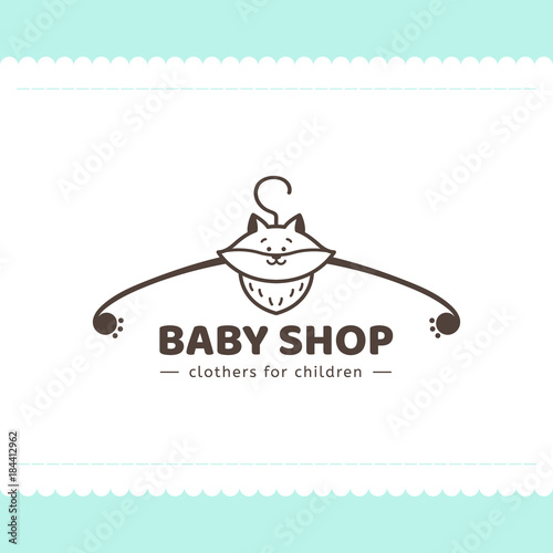 Logo for children's clothing shop. Vector template of the brand for the designer. Element for Studio sewing and tailoring. Vector illustration of a hanger and a fox in cartoon style