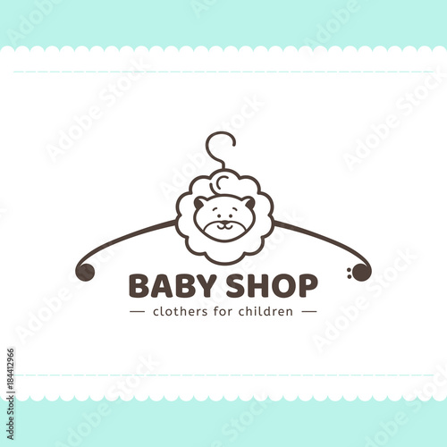 Logo for children's clothing shop. Vector template of the brand for the designer. Element for Studio sewing and tailoring. Vector illustration of a hanger and a lion cub in cartoon style