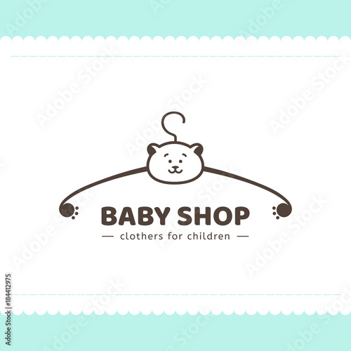 Logo for children's clothing shop. Vector template of the brand for the designer. Element for Studio sewing and tailoring. Vector illustration of a hanger and a bear in cartoon style