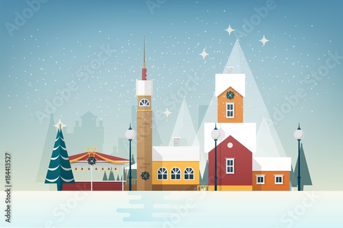 Snowy landscape with small mountain town