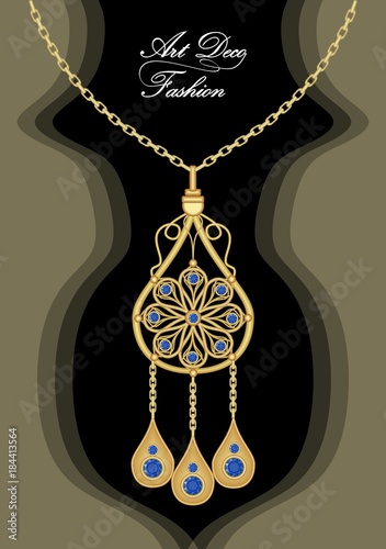 Expensive art deco filigree pendant with blue sapphires on golden chain, antique gold jewel, fashion in victorian style, elegant symmetric jewelry