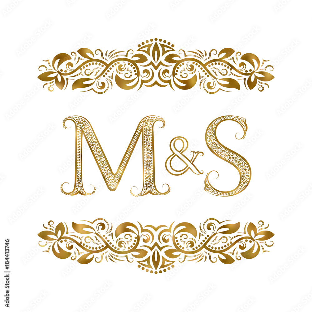 M and S vintage initials logo symbol. The letters are surrounded by  ornamental elements. Wedding or business partners monogram in royal style.  Stock Vector