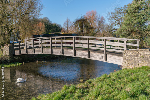 wood bridge and swan