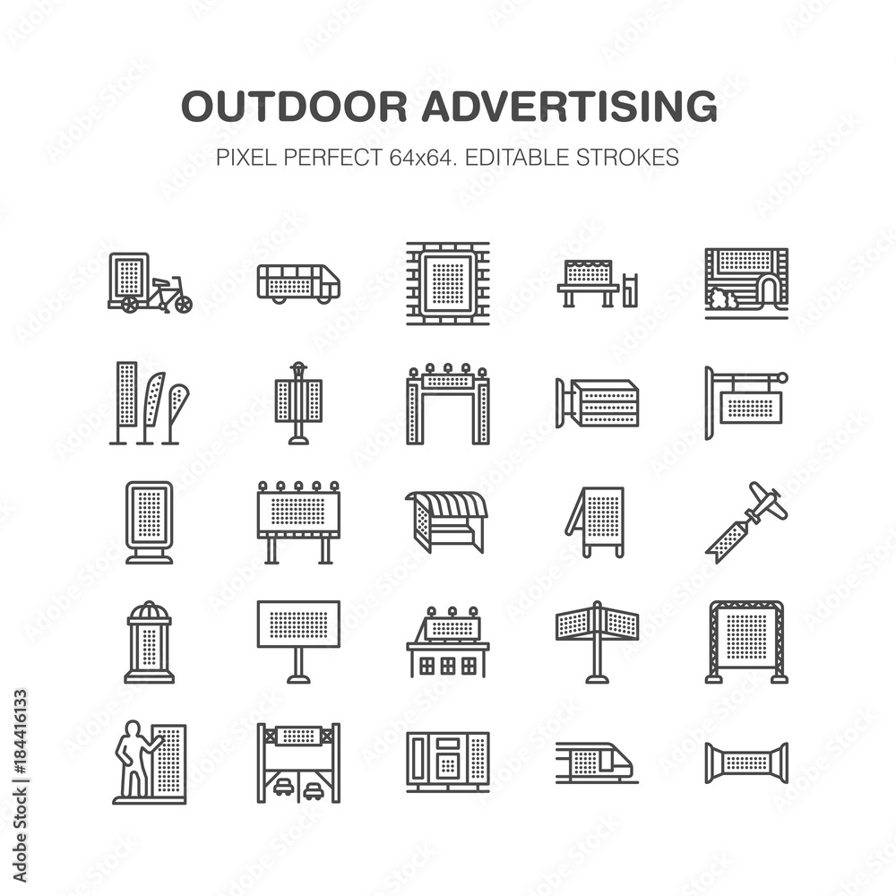 Outdoor advertising, commercial, marketing flat line icons. Billboard, street signboard, transit ads, posters banner promotion design elements. Trade objects thin linear sign. Pixel perfect 64x64. Outdoor advertising, commercial, marketing flat line icons. Billboard, street signboard, transit ads, posters banner promotion design elements. Trade objects thin linear sign. Pixel perfect 64x64.