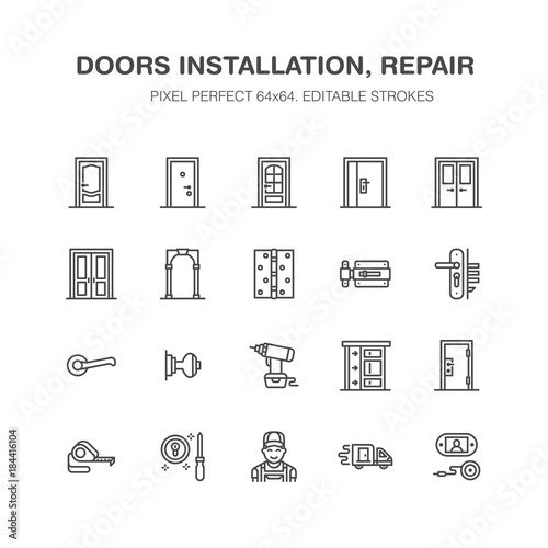 Doors installation, repair line icons. Various door types, handle, latch, lock, hinges. Interior design thin linear signs for house decor shop, handyman service. Pixel perfect 64x64.