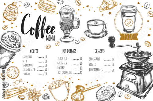 Coffee and Bakery restaurant Menu, brochure. Vector hand drawn template with icons and handwritten Lettering, Calligraphy.