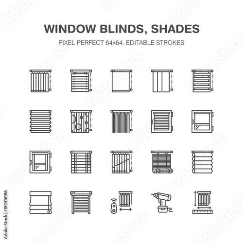Window blinds, shades line icons. Various room darkening decoration, roller shutters, roman curtains, horizontal and vertical jalousie. Interior design signs for house decor shop. Pixel perfect 64x64.