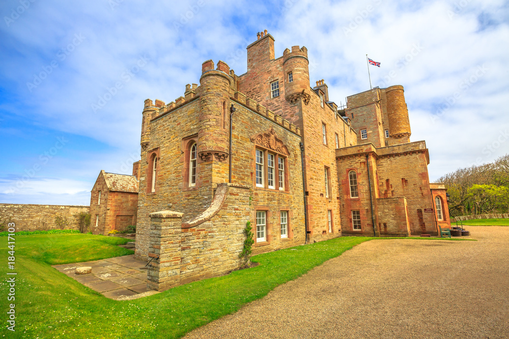 Castle of Mey or Barrogill castle near Thurso and John o' Groats on north coast of the Highland in Scotland, United Kingdom on a sunny day. Popular landmark and famous touristic attraction.