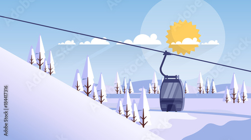 Cable Car Transportation Rope Way Over Mountain Hill Nature Winter Background Banner With Copy Space Flat Vector Illustration