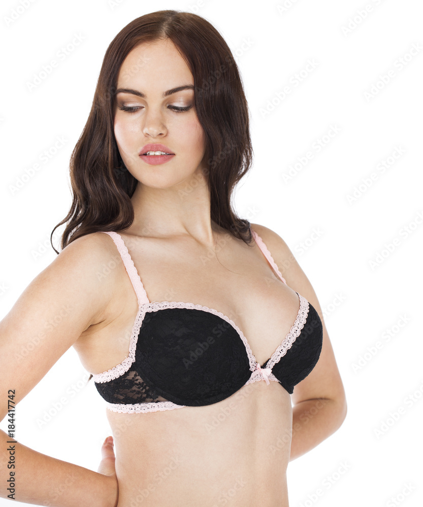 Fototapeta premium Young sexy brunette woman in black bra