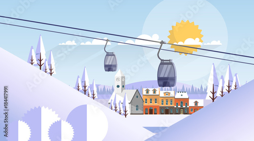 Cable Car Transportation Rope Way Over Mountain Hill Nature Winter Background Banner With Copy Space Flat Vector Illustration