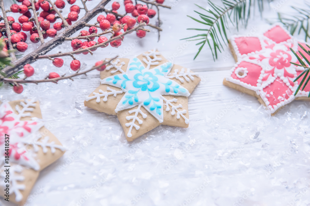 festive Christmas, New Year's screensaver, postcard, background. Homemade bright gingerbreads, branches of a Christmas tree, snow on a light background .. the mood of the holiday and the magic.
festive Christmas, New Year's screensaver, postcard, background. Homemade bright gingerbreads, branches of a Christmas tree, snow on a light background .. the mood of the holiday and the magic.
