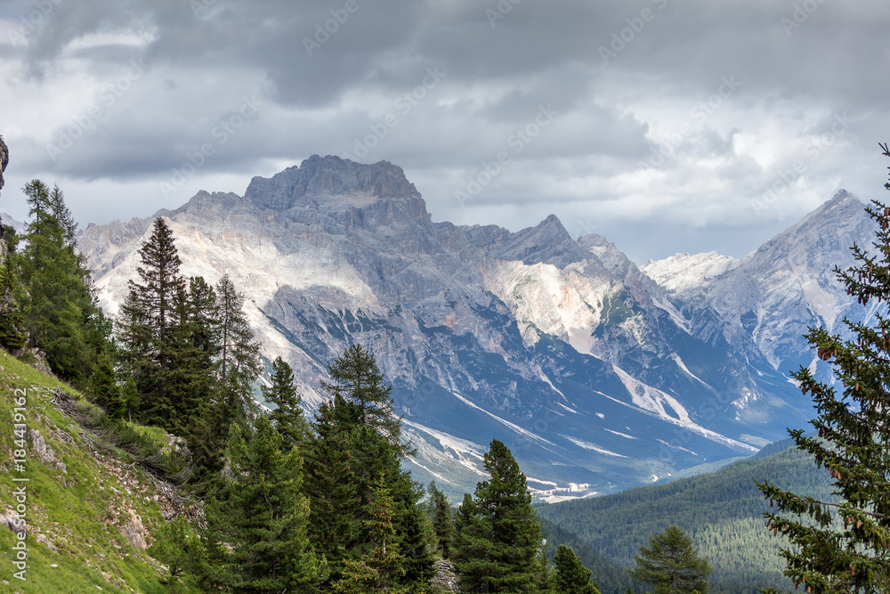 Sorapiss massif and Antelao Mount cloudy panorama, Dolomites, Italy