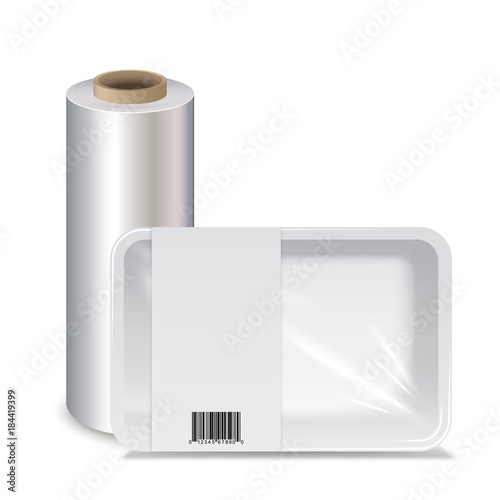 Roll stretch film and Food container with Stretch wrap, vector illustration