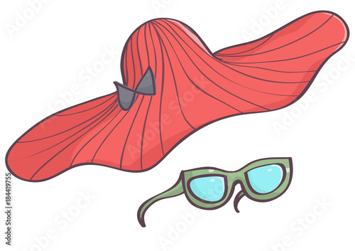 Stylish red hat with black bow and retro green sunglasses, isolated vector cartoon on white background