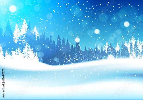 Night In Winter Forest Woodland Landscape Falling Snow Snowy Pine Tree Woods Background Flat Vector Illustration
