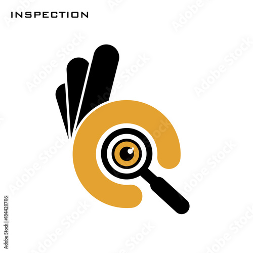 Ok hand symbol with magnifier glass. Okey symbol for inspection searching and looking. Vector