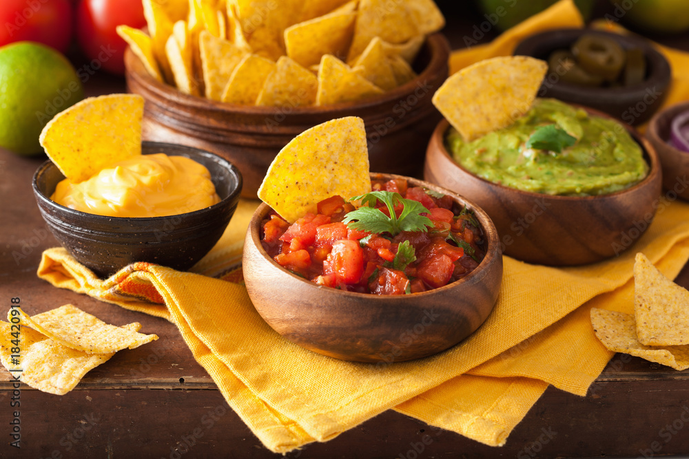 mexican nachos tortilla chips with guacamole, salsa and cheese dip mexican nachos tortilla chips with guacamole, salsa and cheese dip