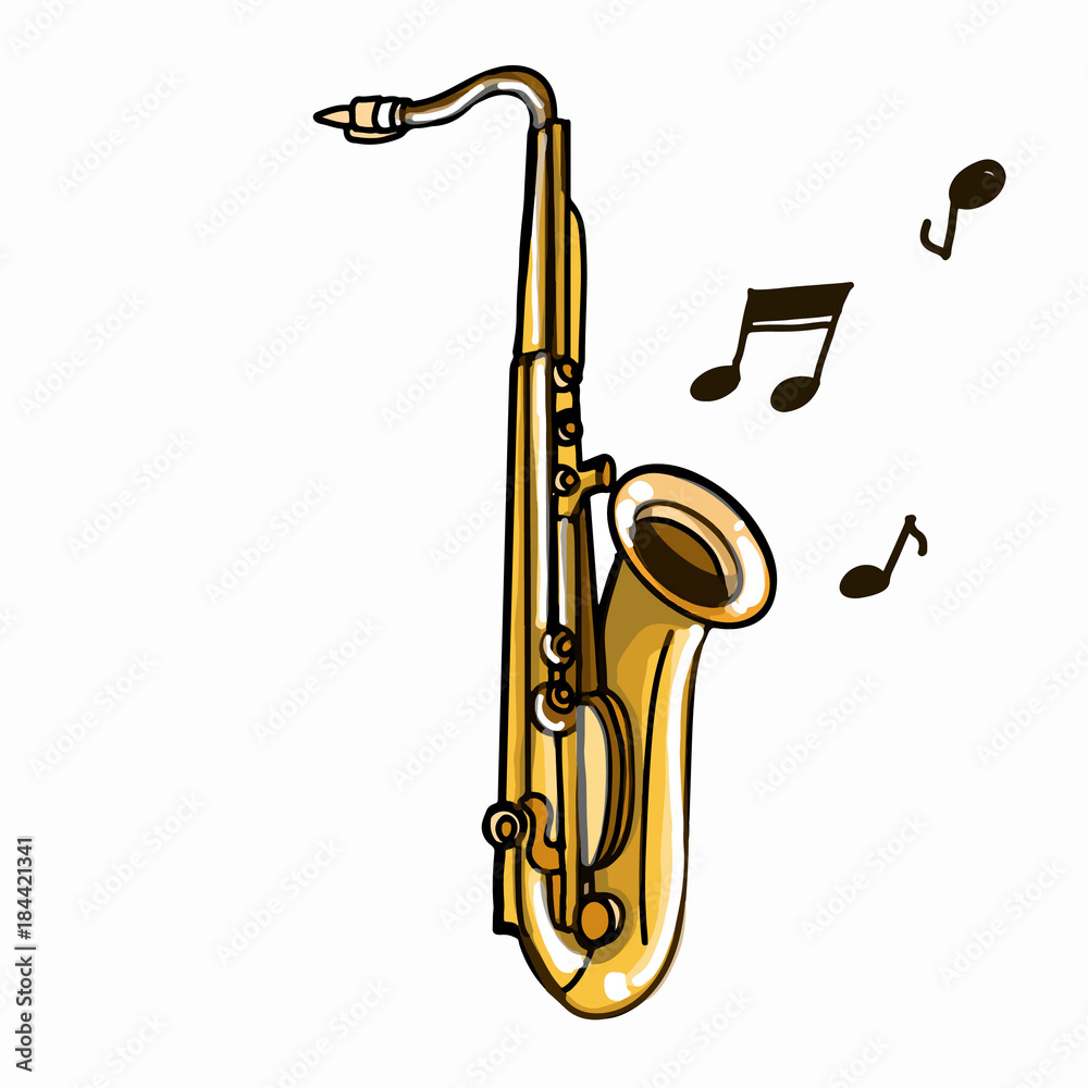 realistic saxophone illustration drawing and nota Stock Illustration